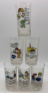 Vintage 1950s P. BARKER & J. POLLOCK Designs Racy Sayings Glassware - Qty 6