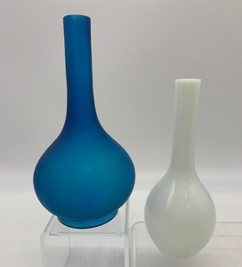 Vintage Milk Glass Barber Bottle and Blue Satin Glass Bud Vase