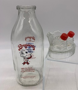 Vintage BROGUIERES Glass Milk Bottle and HAZEL ATLAS Salt & Pepper with Caddy