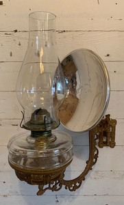 Antique Vintage Cast Iron Wall Oil Lamp Holder Bracket with Glass Reflector