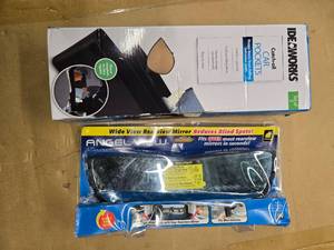lot 22 image: 14 Wide Angle Rearview Mirror & Set of 2 Ideaworks Car Pockets ( New and in packs)