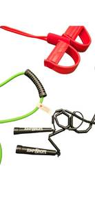 lot 97 image: Lot of 2 resistance bands ( 120 Lb and 80 Lb) and one Snap Fitness Gym Quality Jump Rope