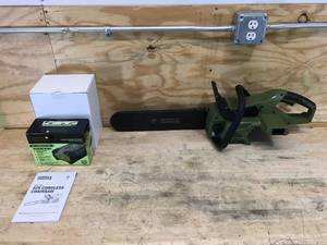lot 25 image: Green Machine Cordless Chainsaw Model # GMCS6200