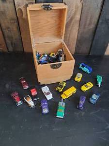 lot 68 image: Wood Box Full of Vintage Cars