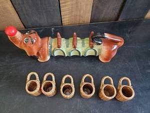 lot 82 image: Super Cool vintage Weiner Dog Decanter and all 6 Cups