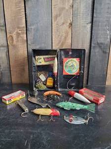 lot 89 image: Awesome Lot of Vintage Fishing Lures and Decoys With Shadow Box