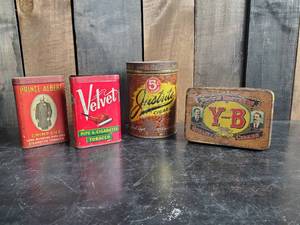 lot 94 image: Lot of Vintage Tins Prince Albert Velvet Justrite and Yocum Brothers
