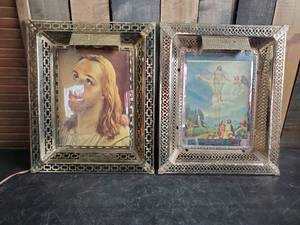 lot 108 image: Lot of 2 Vintage Metal Filigree Lenticular Framed Jesus WallEasel Dcor