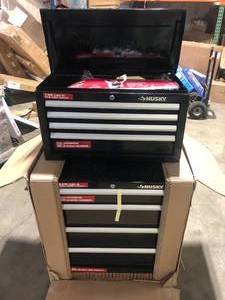 lot 8 image: Husky 26 in. W x 12 in. D Standard Duty 4-Drawer Top Tool Chest and Tool Cabinet in Gloss Black Customer Returns See Pictures  Customer Returns See Pictures
