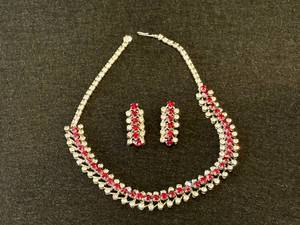 lot 17 image: Stunning Vintage Rhinestone and Faux Ruby Necklace and Earring Set