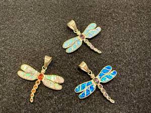 lot 89 image: Three CARDENAS Mexico Opal 950 Sterling Dragonfly Pendants