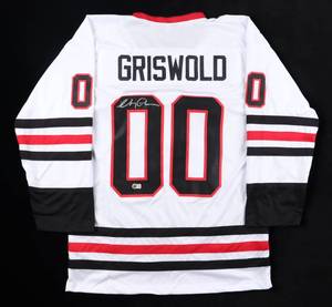 lot 22 image: Chevy Chase Signed Clark Griswold Christmas Vacation Chicago Blackhawks Style Jersey (Beckett)