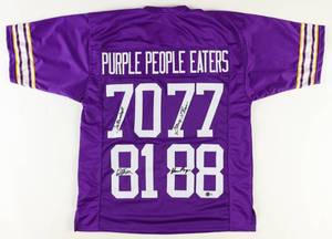 lot 16 image: Purple People Eaters Jersey Signed by (4) with Alan Page, Carl Eller, Jim Marshall, & Gary Larsen (Beckett)