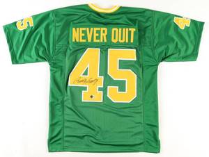 lot 34 image: Rudy Ruettiger Signed Never Quit Notre Dame Style Jersey (Beckett)