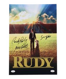 lot 32 image: Rudy Ruettiger & Sean Astin Signed Rudy 12x18 Photo Inscribed Never Quit (JSA)
