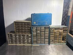 lot 14 image: Akro-Mils Tool Organizer Storage Cabinet and WORK SHOPS Vintage Parts Box Bundle