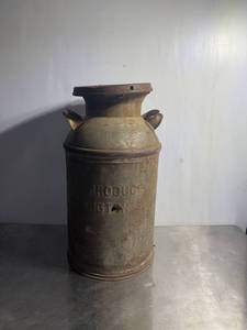 lot 17 image: Antique Metal Milk Can with Embossed Lettering - Vintage Dairy Farm Decor