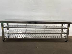 lot 36 image: Stainless Steel Industrial Kitchen Bench with Perforated Shelves