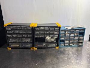lot 52 image: Lot of 3 Storage Drawer Cabinets Filled with Assorted Screws Bolts Nuts Hardware