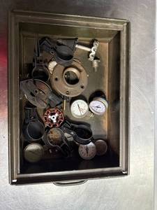 lot 78 image: Vintage Assorted Industrial Gauges Parts Lot Stored in Metal Box for Collectors