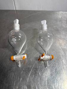 lot 96 image: Pair of 125 mL Kontes Glass Laboratory Separatory Funnels with Stopcocks