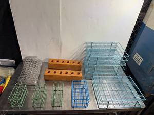lot 97 image: Assorted Laboratory Metal and Wood Test Tube Racks and Holders Collection
