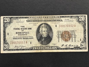 1929 Brown Seal $20 Dollar National Currency Minneapolis MN Double Numbers