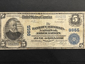Series of 1902 Blue Seal $5 Dollar Note Bank of California