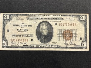 1929 Brown Seal $20 Dollar National Currency Bank of New York