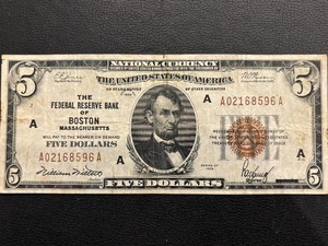 1929 Brown Seal $5 Dollar National Currency Bank of Boston