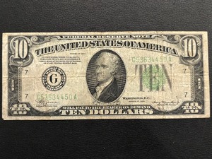 1934 Green Seal $10 Dollar Federal Reserve Note