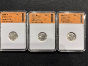 1955 P, D, & S Roosevelt Silver Dimes SGS MS70