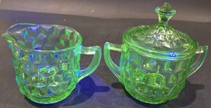 lot 20D image: Vintage Jeannette Cubist Uranium Glass Cream & Sugar Set