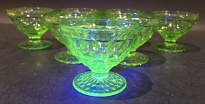 lot 20G image: Jeannette Uranium Cubist Green Pedestal Glassware - Seven Pieces