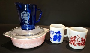 lot 127 image: Pink Pyrex, Shirley Temple Cobalt Blue Glass & Hopalong Cassidy Milk Glass