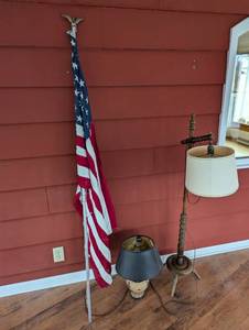 Beautifully crafted wood floor lamp, table lamp and US Flag