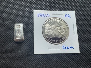 1991S Proof Mt Rushmore Half Dollar and 10 Gram .999 Silver Bar, Pulled from Set