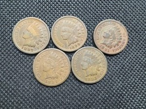 Five Pre 1900 Indianhead Cents, 1887, 1891, 1893, 1897, 1899