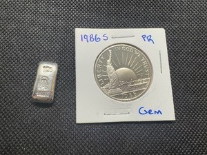 1986S Proof Statue of Liberty Half Dollar & 10 Gram .999 Silver Bar, Pulled from Set