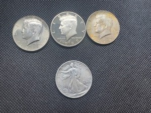 Four Half Dollars, 1943 VFXF Walker, 1989S Gem Proof from Set, 1965 MS Uncirculated & 2019 Uncirculated from Fed Roll