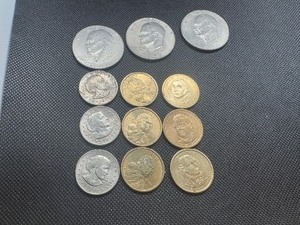 Twelve Asst Clad Dollars, Three each Ikes, Sacs, SBAs and Presidents