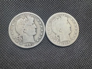 Two Barber Half Dollars, 1901 and 1908
