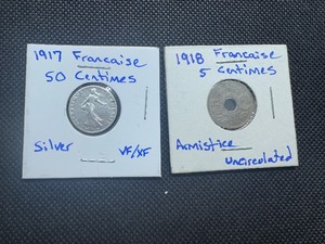 French 1917 50 Centimes and 1918s 5 Centimes, 50 Centimes is Silver & VFXF. The 5 Centimes is a beautiful uncirculated piece.