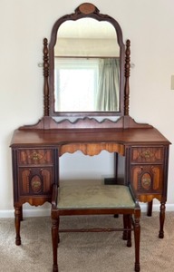 Antique Vanity with Mirror and Bench