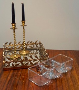 Decorative Brass Mirrored Tray, Pair of Brass Candle Holders and Divided Glass Dish