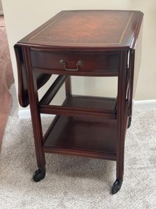 Vintage Mahogany Leather Inlaid Drop Leaf Bar Cart  Vintage Mahogany Leather Inlaid Drop Leaf Tea Cart