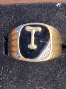 lot 203 image: Mens 14K Gold Over Base Metal Black Onyx Diamond-Accent T Initial Ring, Size 11