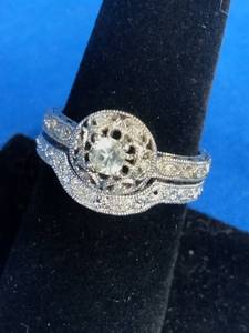 lot 219 image: Sofia B. Sterling Silver 110 ct tw Diamond and Lab-Created White Sapphire Vintage-Style Bridal Set, Size 8