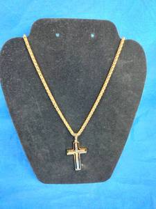 lot 199 image: Mens 18K Gold Over Stainless Steel Two-Tone Lords Prayer Cross Pendant and Gold Tone Necklace