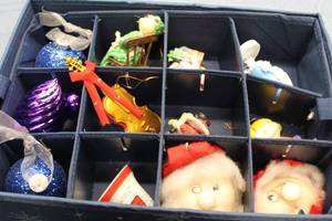 lot 42 image: Christmas Ornament Storage Box with Assorted Vintage Holiday Ornaments